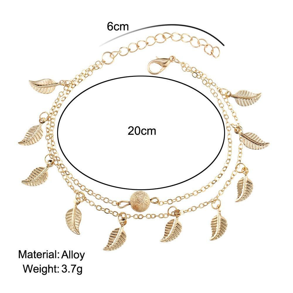 Tassel small leaf foot jewelry beach vacation double layered vintage women's ankle chain jewelry