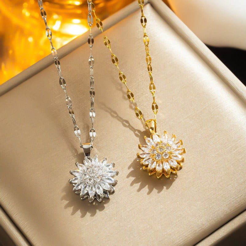 Rotating Sunflower Necklace with Full Diamond Daisy Collar Chain Female