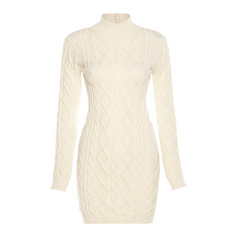 Women's New Long sleeved Round Neck Open Back Slim Fit Wrapped Hip Knitted Dress