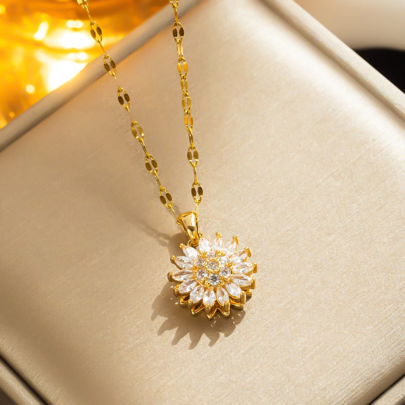Rotating Sunflower Necklace with Full Diamond Daisy Collar Chain Female
