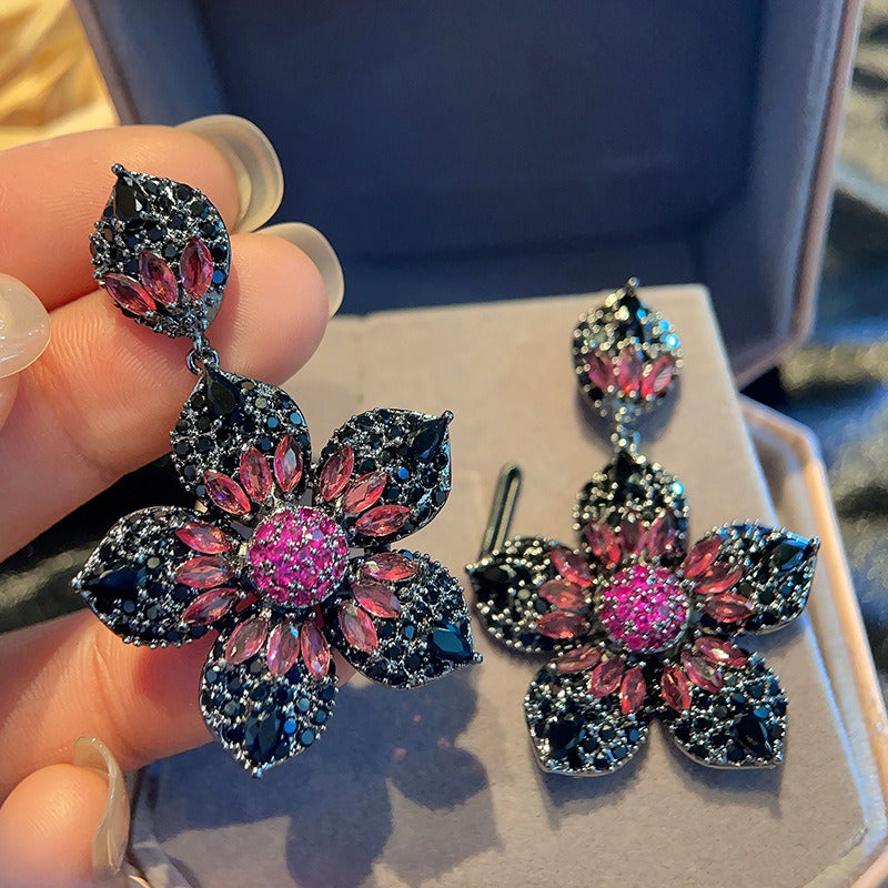 Heavy Industry Full Zirconia Flower Colored Earrings