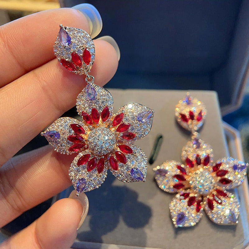 Heavy Industry Full Zirconia Flower Colored Earrings