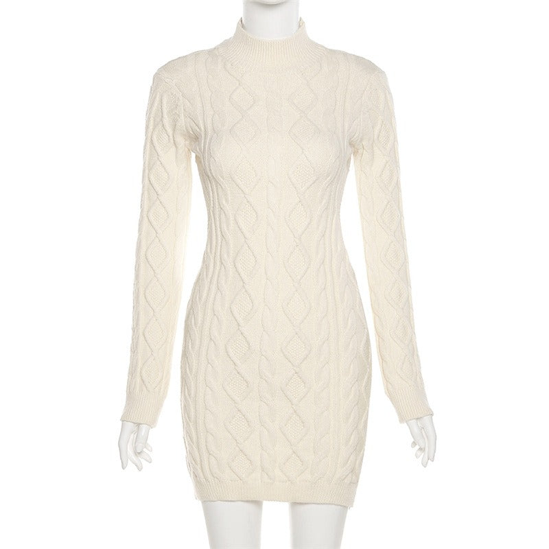 Women's New Long sleeved Round Neck Open Back Slim Fit Wrapped Hip Knitted Dress