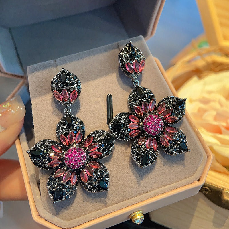 Heavy Industry Full Zirconia Flower Colored Earrings