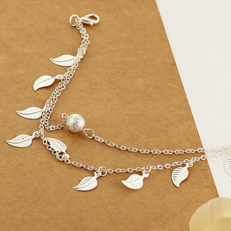 Tassel small leaf foot jewelry beach vacation double layered vintage women's ankle chain jewelry