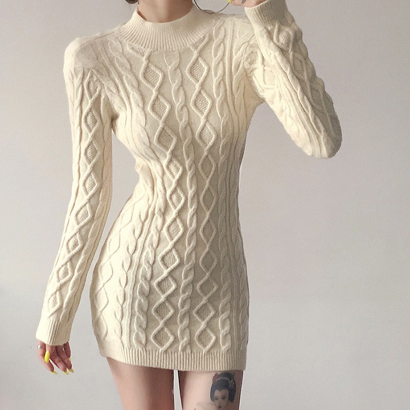 Women's New Long sleeved Round Neck Open Back Slim Fit Wrapped Hip Knitted Dress