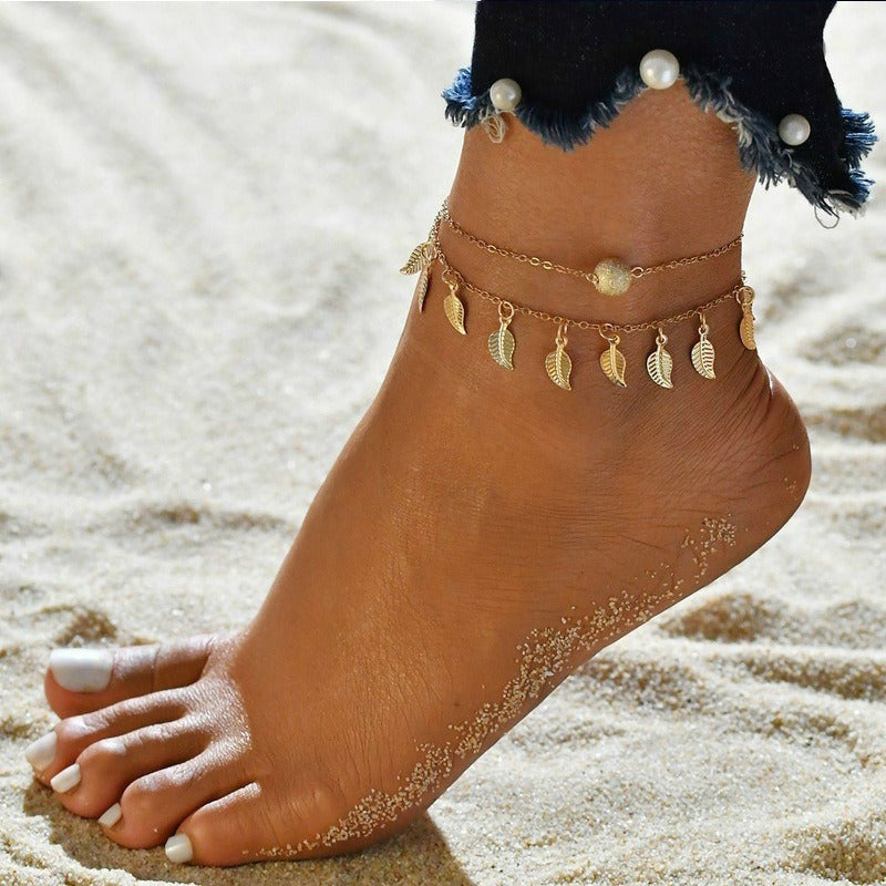 Tassel small leaf foot jewelry beach vacation double layered vintage women's ankle chain jewelry