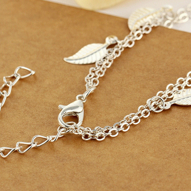 Tassel small leaf foot jewelry beach vacation double layered vintage women's ankle chain jewelry