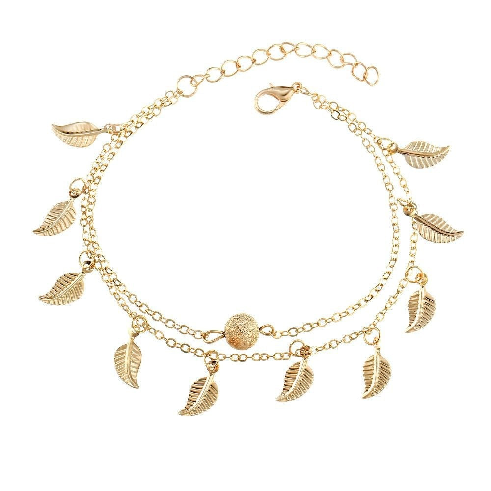 Tassel small leaf foot jewelry beach vacation double layered vintage women's ankle chain jewelry