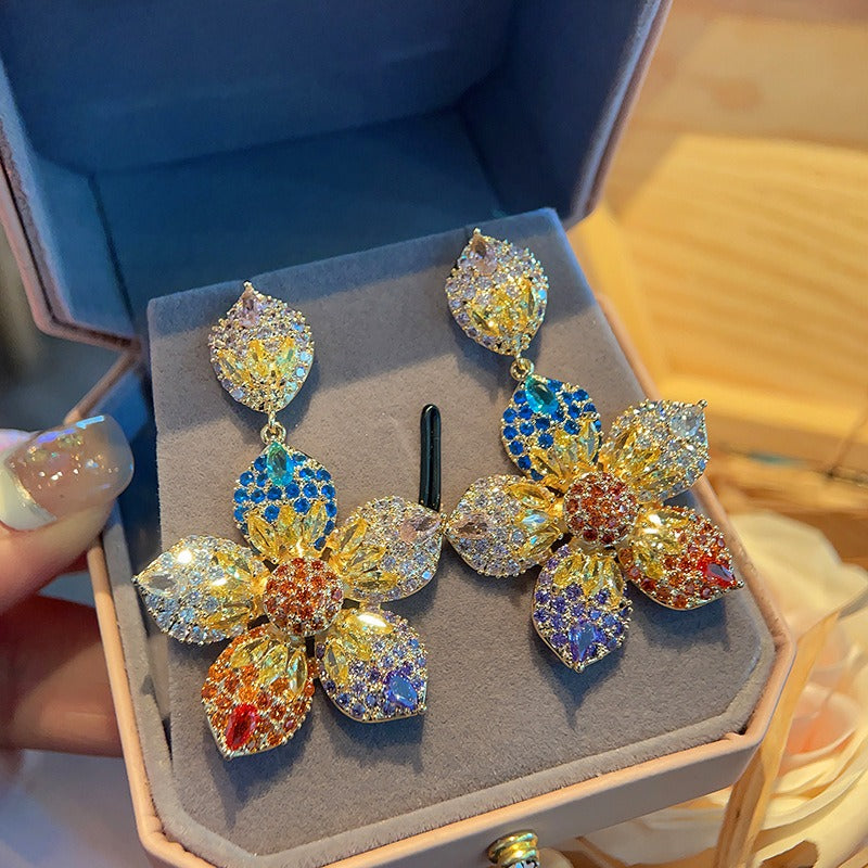 Heavy Industry Full Zirconia Flower Colored Earrings