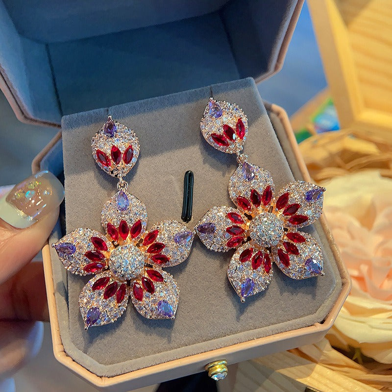 Heavy Industry Full Zirconia Flower Colored Earrings